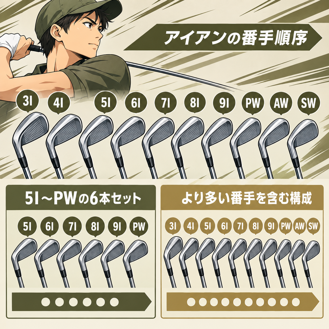 セット内容の違い。6本セット（5I～9I、PW）と、より多い番手を含むセット構成を示すイラスト。アイアンの番手順序に沿って配置し、セットに含まれる番手を明示。
