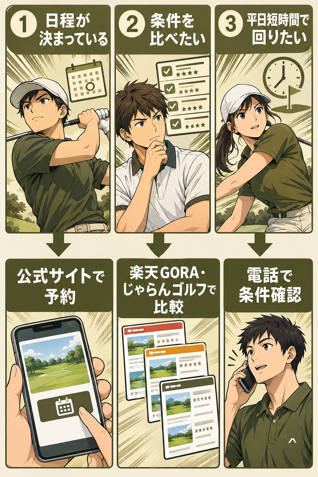状況別の予約先選択フロー。日程が決まっている場合は公式のオンライン予約で24時間予約・総額確認、条件を比べたい場合は楽天GORA・じゃらんゴルフで複数プラン・料金・キャンセル条件を見比べ、平日短時間で回りたい場合はアフタヌーンハーフの条件（平日限定・当日電話予約限定・ロッカー・お風呂不可）を公式に確認する3分岐を矢印で示した図。