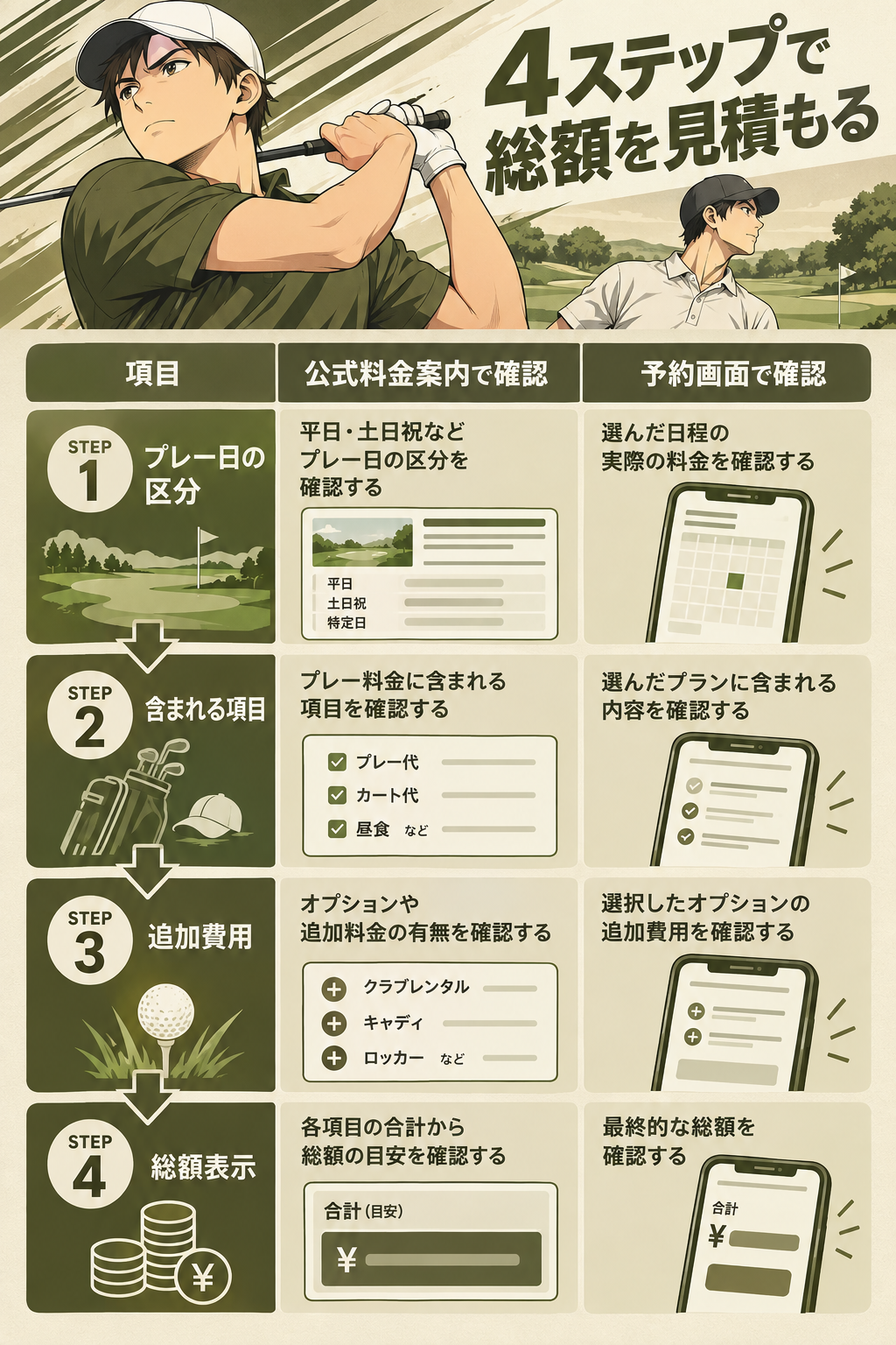見積もり確認シート。4つのステップの確認内容テーブル。ステップ1（プレー日の区分）では公式料金案内で平日・休日・営業期間を確認。ステップ2（含まれる項目）では公式案内でグリーンフィなど7項目を確認し、予約画面でも同じ項目が表示されるか確認。ステップ3（追加費用）では食事・貸し出し品の有無を確認。ステップ4（総額の突き合わせ）では予約画面表示と公式料金を比較し、差異があれば条件を再確認する手順を矢印で示す図。