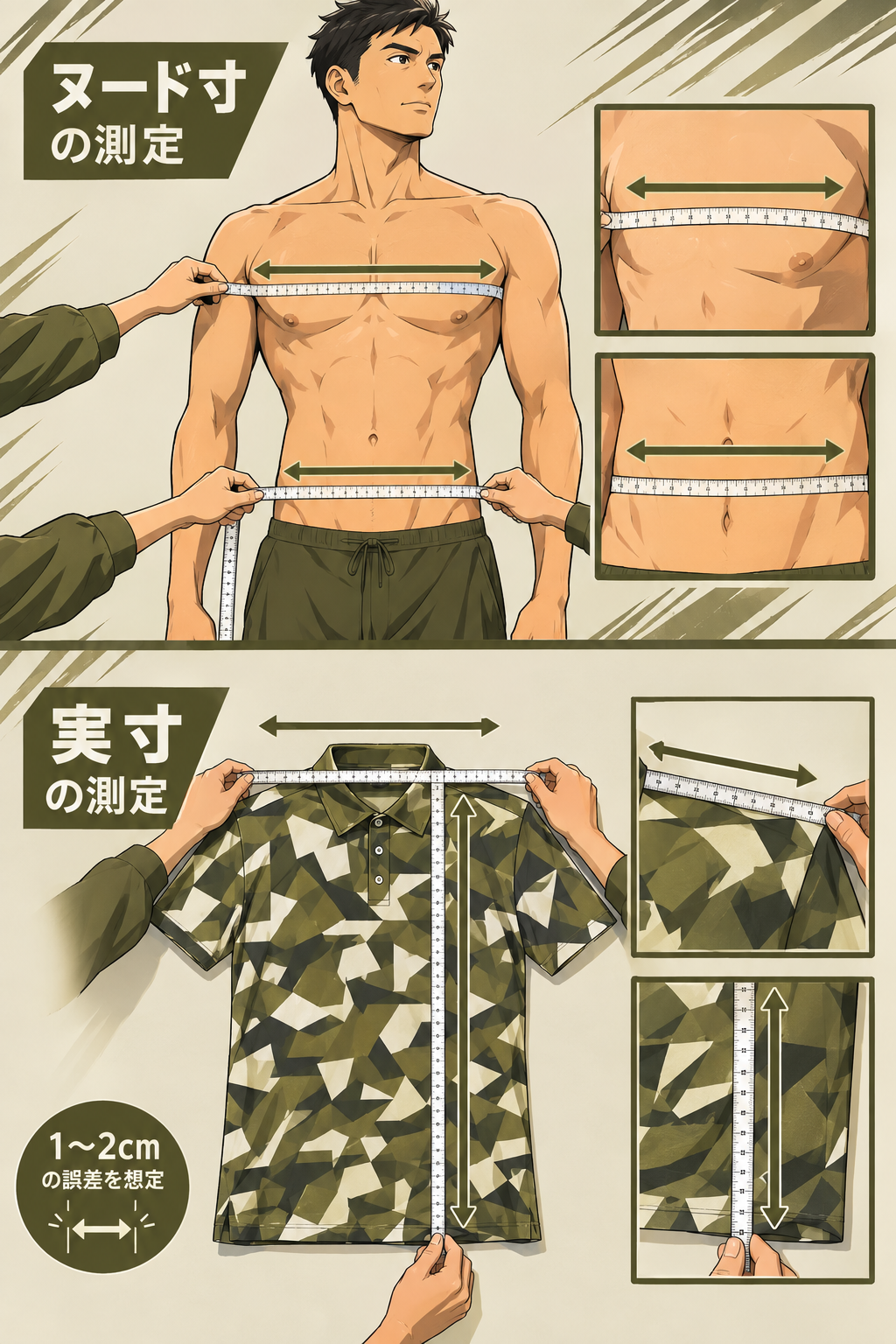 ラウドマウスのサイズ測定方法。上段：ヌード寸の測定例。30～50代男性が立った姿勢で、メジャーを胸とウエストに当てた様子。下段：実寸の測定例。柄ポロシャツを平置きにし、メジャーで肩幅と着丈を直線で測っている。各段に見出しがあり、計測場所の違いが一目瞭然。