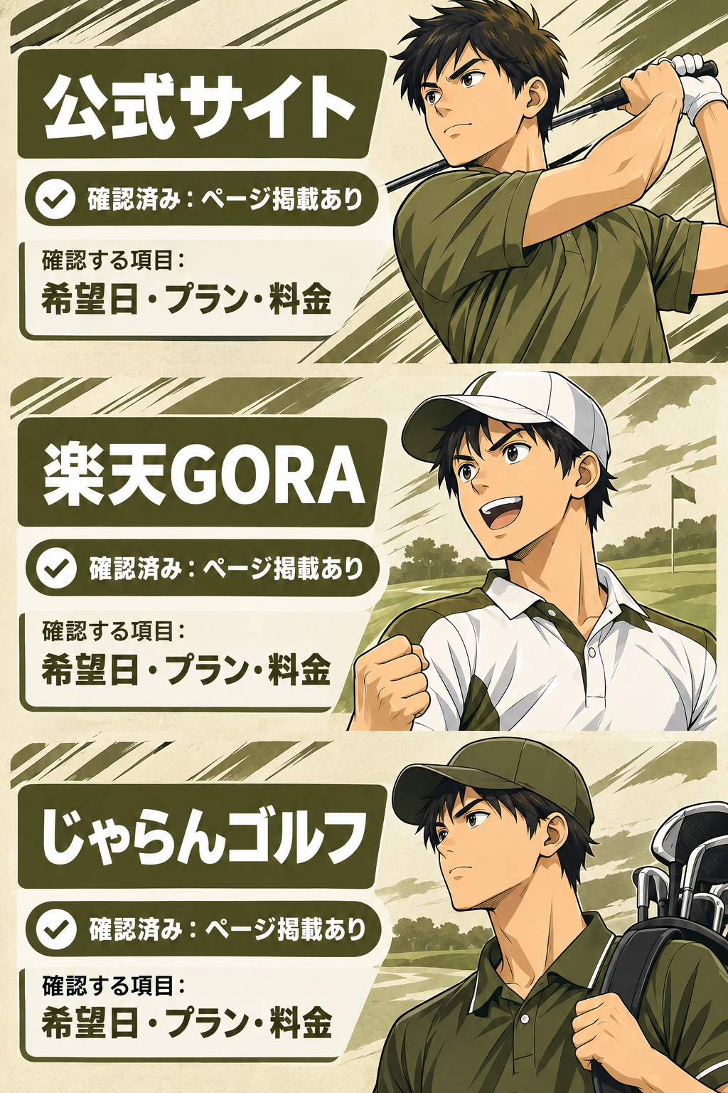 公式サイト・楽天GORA・じゃらんゴルフの3つの予約窓口。各窓口で対象コースのページ掲載が確認できたこと、および各窓口で確認するべき項目を表示した図解