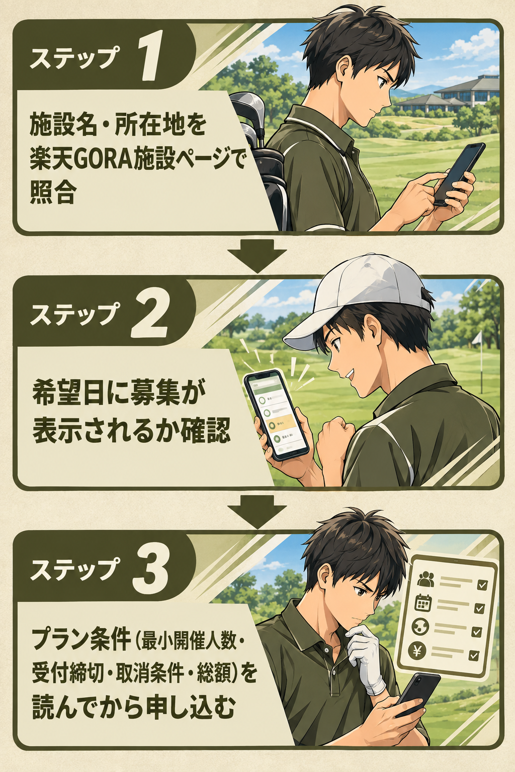 施設確認→募集確認→条件確認の3ステップを矢印で順番に示すフローチャート。
