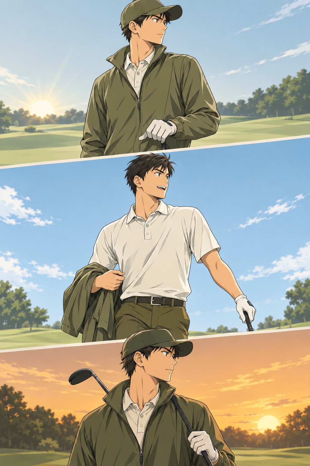 朝と夕方は羽織りを着て、日中は脱いで腕に掛けたゴルファー。