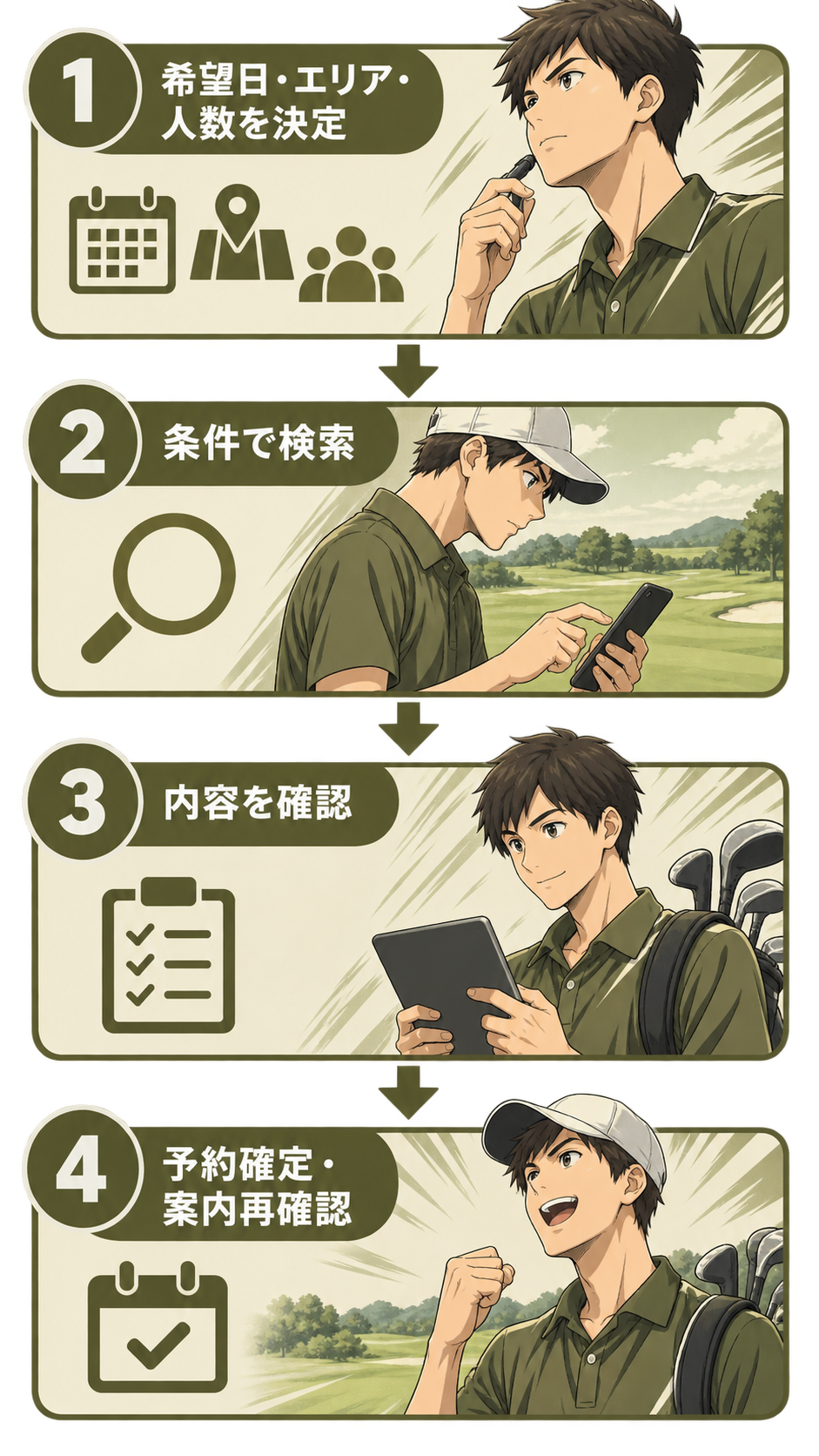 予約から当日までの4ステップフロー。ステップ1で希望条件を決定、ステップ2で検索サイトでプラン詳細を確認、ステップ3で5つの確認項目をチェック、ステップ4で予約確定して案内を再確認する流れ。