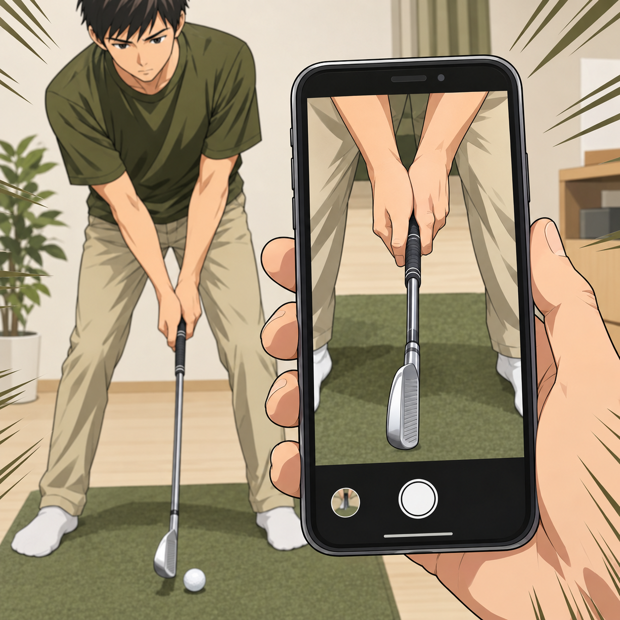 自宅でスマホを使ってゴルフクラブのグリップを撮影する様子。スマホの画面に映るクラブのグリップと手の位置から、フェース向きが正面から見える角度