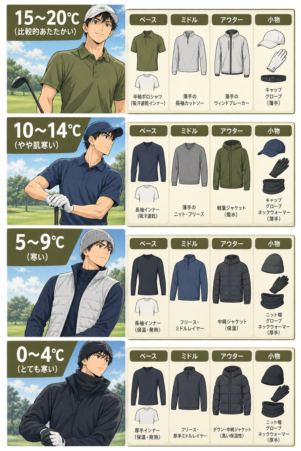 気温帯別の冬ゴルフ服装を4列で比較。10℃以上は薄手ミドル層、5～10℃は標準的なアウター、0～5℃は厚手防寒、0℃未満は最厚手対応。各帯で推奨アイテムをイラストで表示。