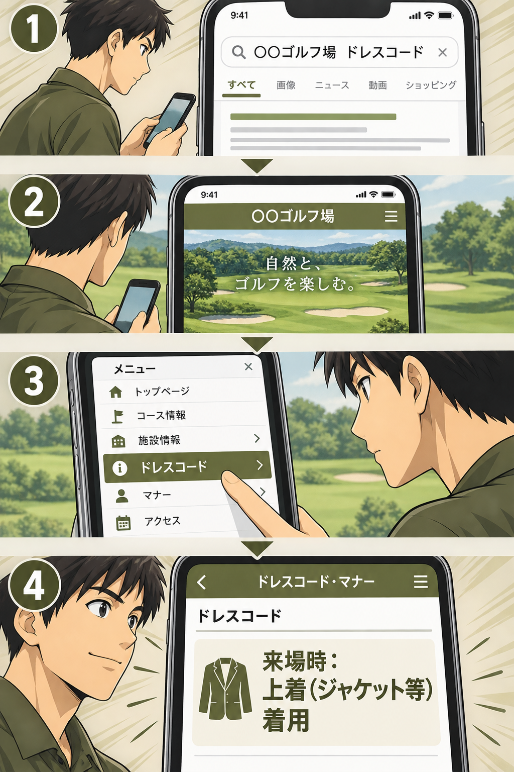ゴルフ場公式サイトをスマホで開く4ステップ。検索エンジンで『ゴルフ場名 ドレスコード』と入力 → 公式サイトをタップ → メニューから『ドレスコード』欄を探す → 規定内容（『来場時：上着着用』など）を読む