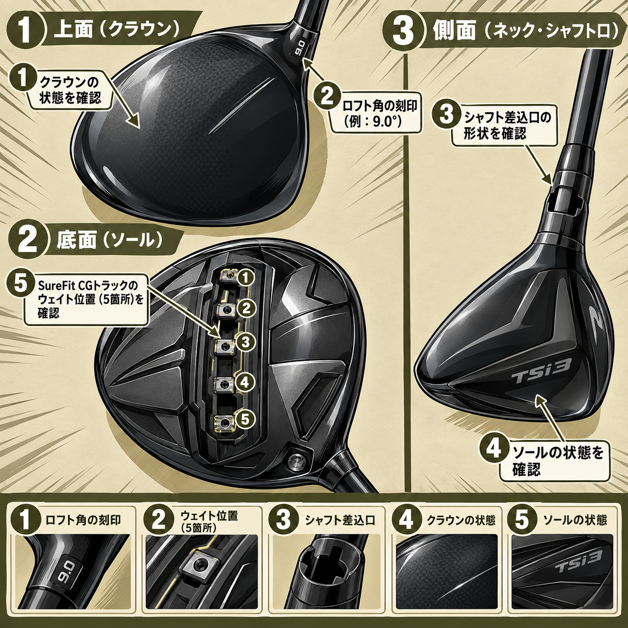 TSi3ドライバーの部位確認図。上面:ロフト角表記の位置。底面:SureFit CGトラックウェイト位置、シャフト差込口、傷・クラックの確認箇所。側面:シャフト挿入状態、クラウンの状態。各箇所に矢印と確認項目の記号。