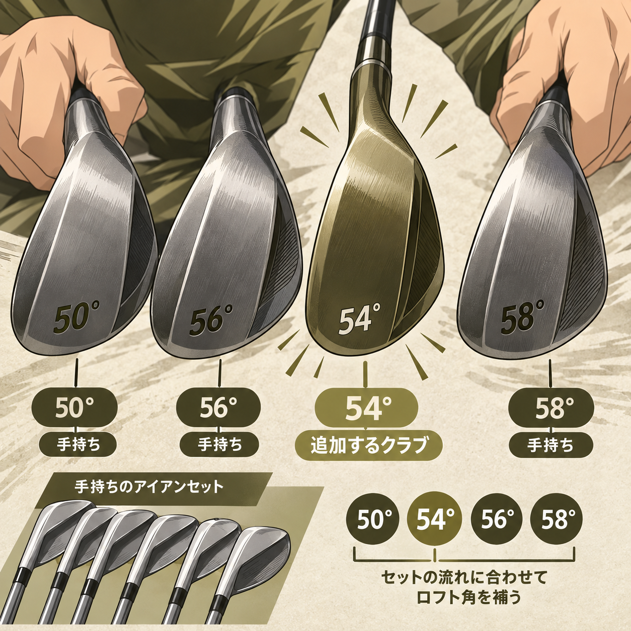 並んだ複数のウェッジのソールに刻印されたロフト角の数字