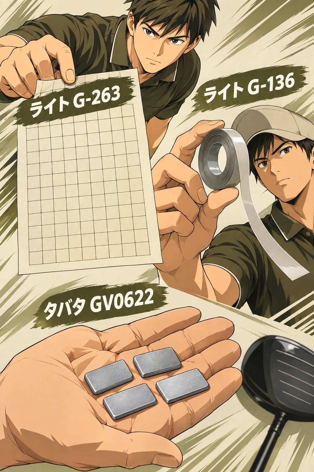 3つの調整用鉛の形状比較。左からシート型フリーカット式（G-263、約57×66.5mm、目盛り付き）、ロール型極薄（G-136、厚さ0.125mm）、5g×4枚入りウェイト型（GV0622）。相対的なサイズと厚みが視認できる。