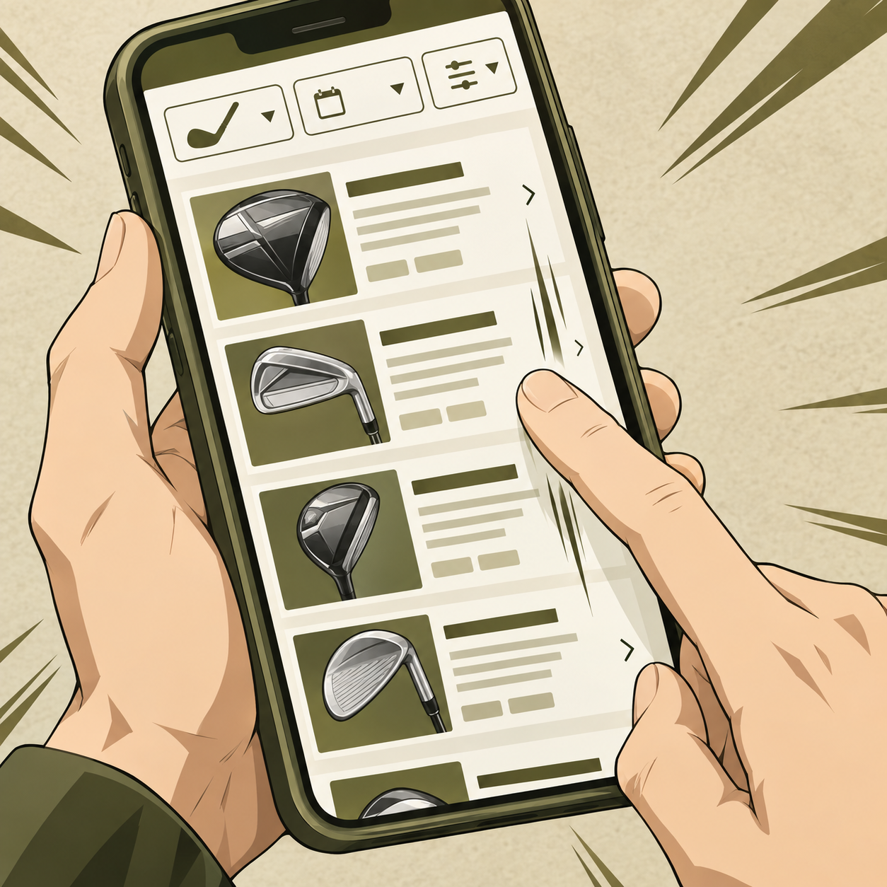スマートフォンで中古ゴルフクラブの在庫リストを見ている様子