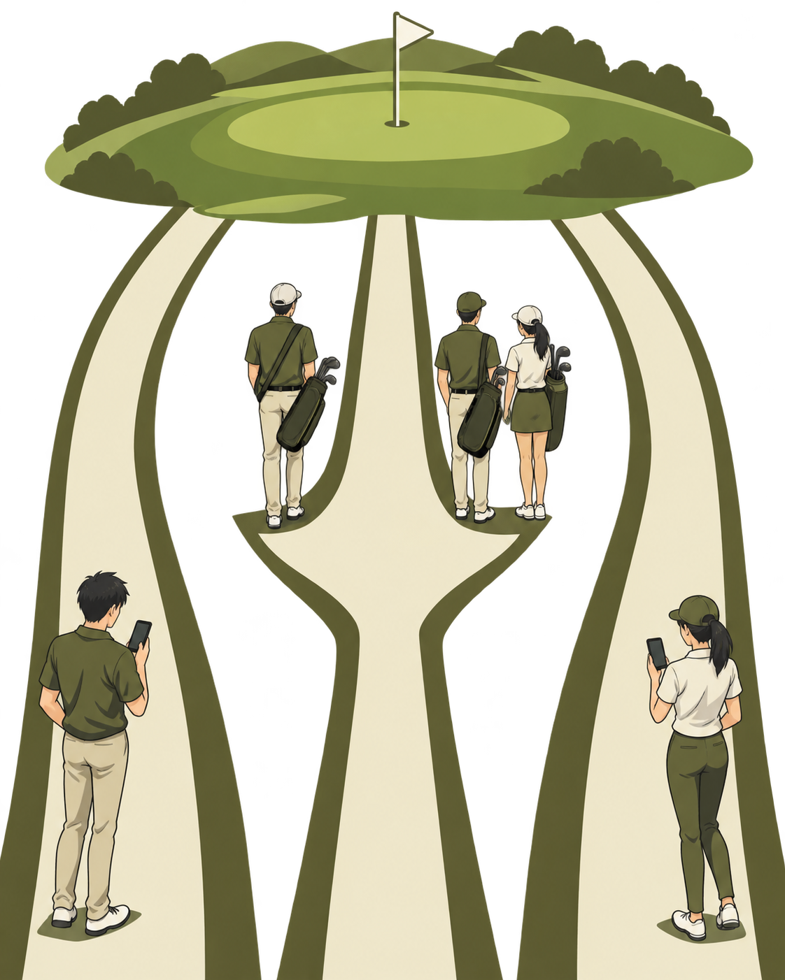 3本の道が1つのゴルフ場に合流する図解。中央の道は入口が1人用と2名以上用の2つに分かれ、左右の道は予約サイト経由の入口を表している。
