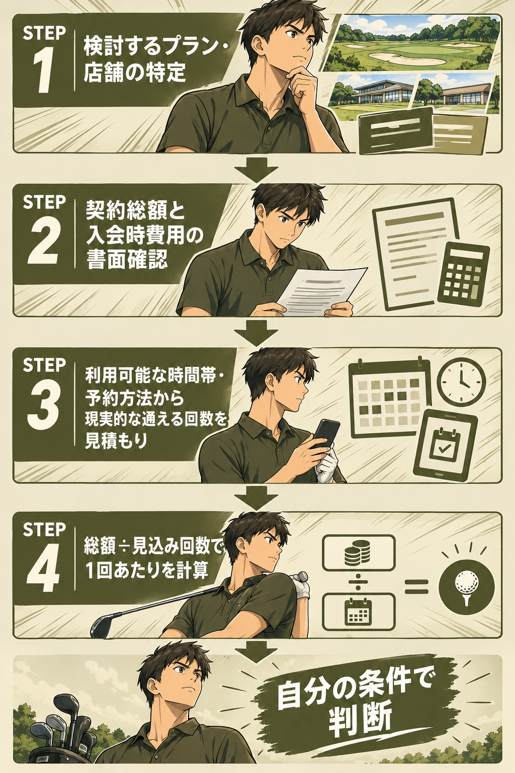料金が高いか判断する4ステップのフロー:プラン・店舗選定、総額と入会費用の書面確認、利用頻度の見積もり、総額÷見込み回数で1回あたり単価を計算