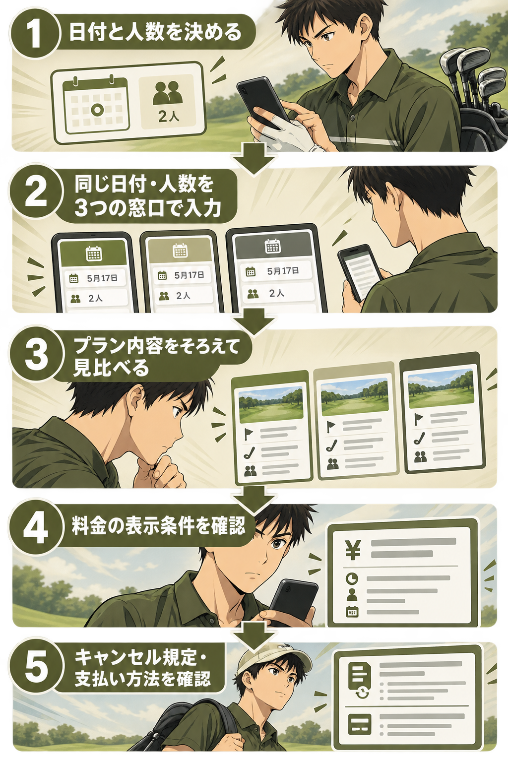 予約前に同じ条件で複数窓口を比べる5ステップのフロー。日付決定から申し込み確認までの順序を上から下へ矢印で繋いだ図