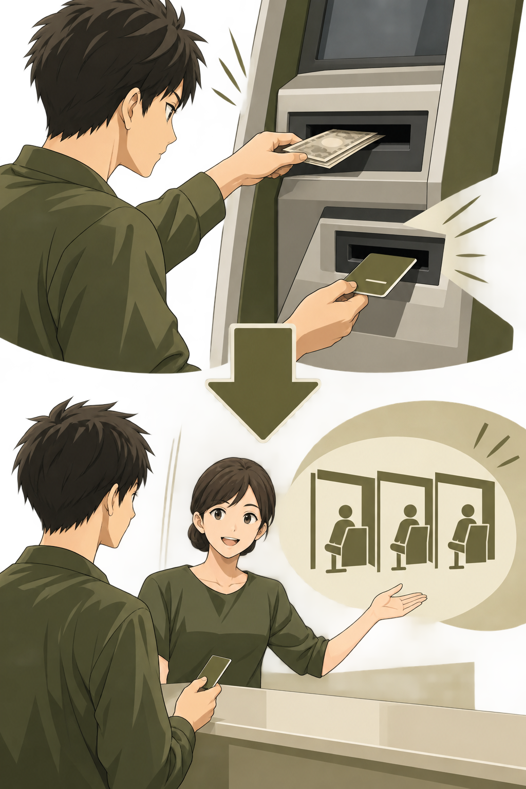 ビジターの初回利用手順。ATMで現金を入金して利用者1名につき1枚のプリペイドカードを発行し、その後フロントで指定打席を選びます。実際の機器や施設内装を示す図ではありません。