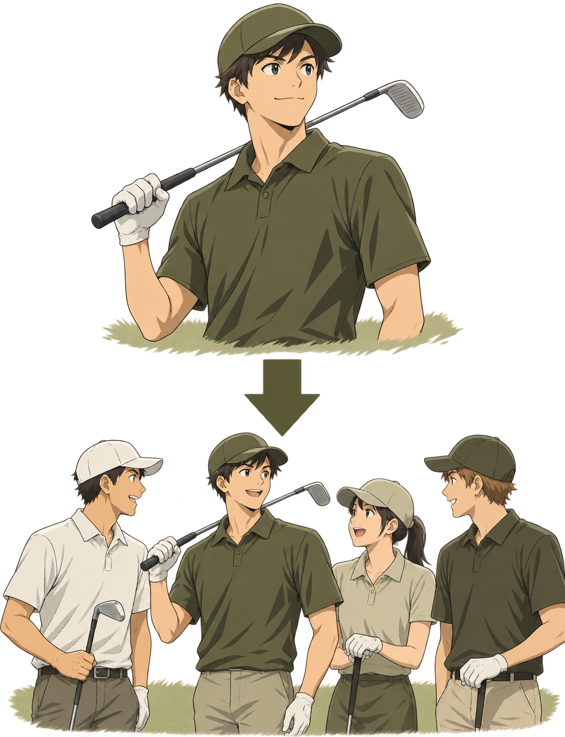 1人で申し込んだゴルファーが、他の予約者と組み合わせてラウンドする仕組みの概念図。描いた人数は例示で、実際の組人数や特定の同伴者との組み合わせを保証するものではありません。